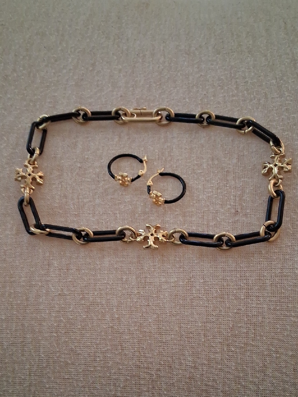Tory Burch Black and Gold Link Necklace with Cross Motif and Matching Hoops